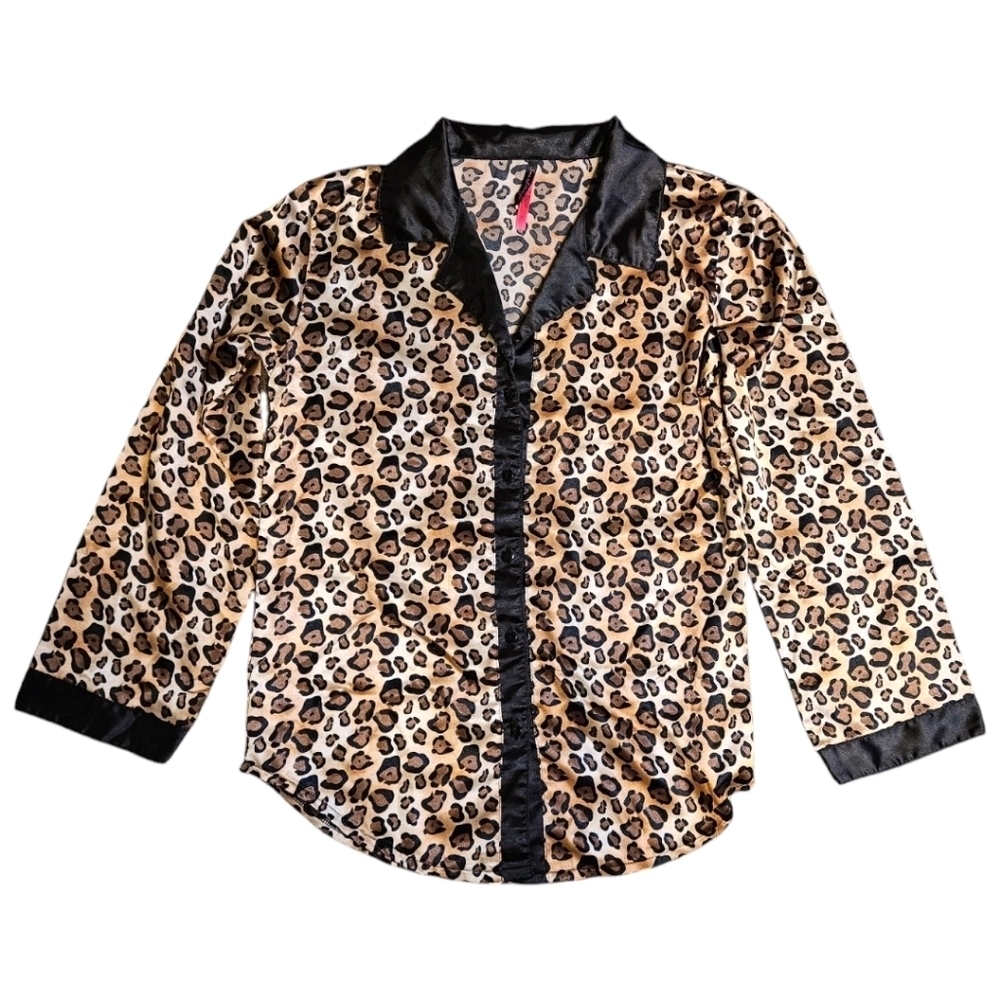 Wmns Satin Leopard Print Pajama Set Sz S Cheetah Shorts & Long Sleeve Button Up - Picture 2 of 13